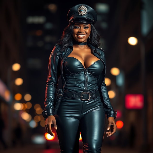 A captivating scene featuring a striking black female police officer with big breasts, wearing a skin-tight leather uniform that highlights her curves, including her long leather boots
