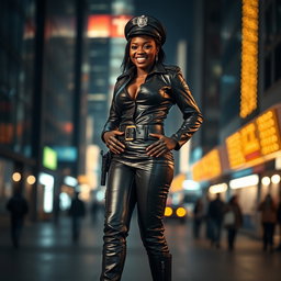 A captivating scene featuring a striking black female police officer with big breasts, dressed in a form-fitting leather uniform that accentuates her figure