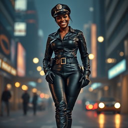 A captivating scene featuring a striking black female police officer with big breasts, dressed in a form-fitting leather uniform that accentuates her figure