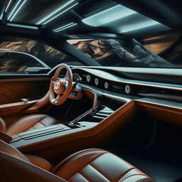 An 8K resolution and 1080HP picture quality representation of the interior of a futuristic Bentley supercar, showing flourishing details of luxurious material, state-of-the-art technology and superior comfort, embodying the future of automotive opulence.