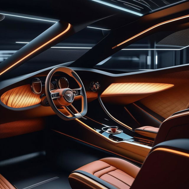 An 8K resolution and 1080HP picture quality representation of the interior of a futuristic Bentley supercar, showing flourishing details of luxurious material, state-of-the-art technology and superior comfort, embodying the future of automotive opulence.