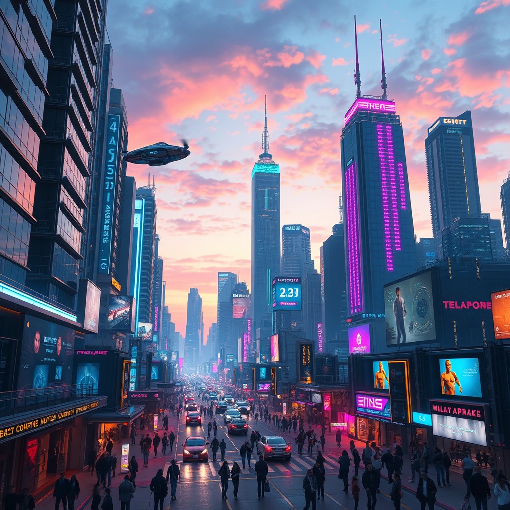 A vibrant futuristic city skyline set at dusk, showcasing towering skyscrapers adorned with neon lights and holographic data streams illuminating the streets below