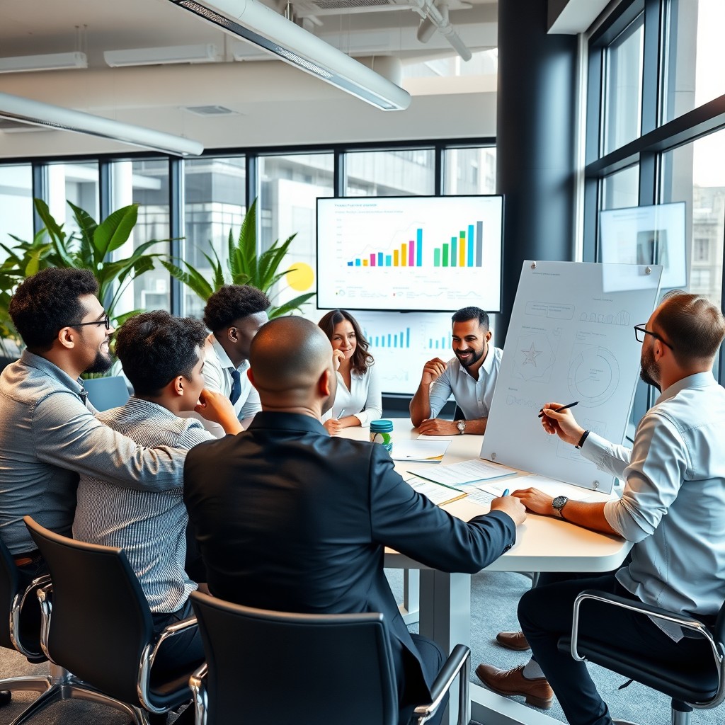 A modern office setting where a diverse business team is actively engaged in a brainstorming session