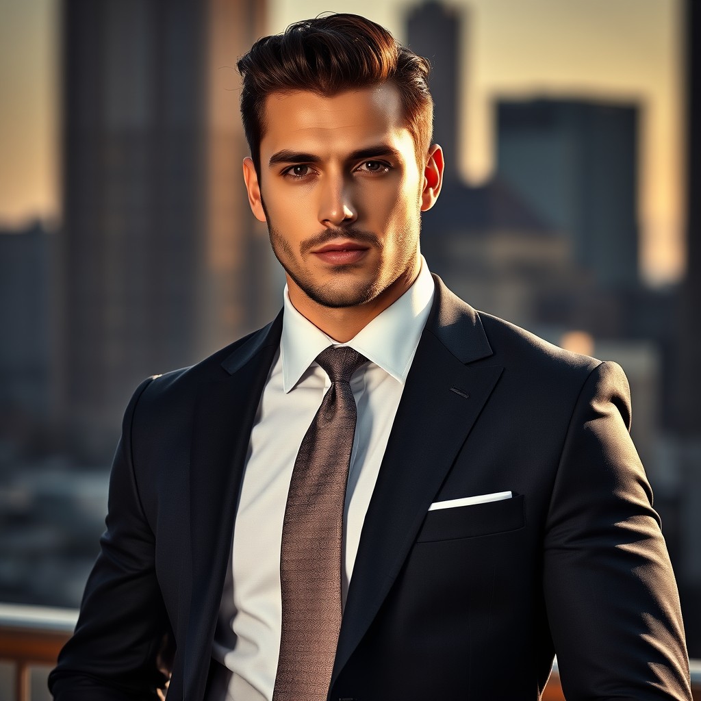 A captivating and sophisticated image of a well-built man wearing a tailored suit and a stylish tie