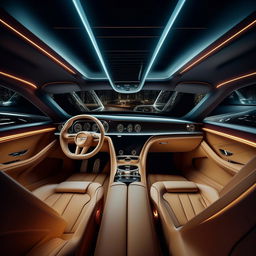 An 8K resolution and 1080HP picture quality interior view of a futuristic Bentley supercar. The image displays a blend of high-end luxury, innovative technology, and extraordinary comfort, epitomizing opulent automotive future.