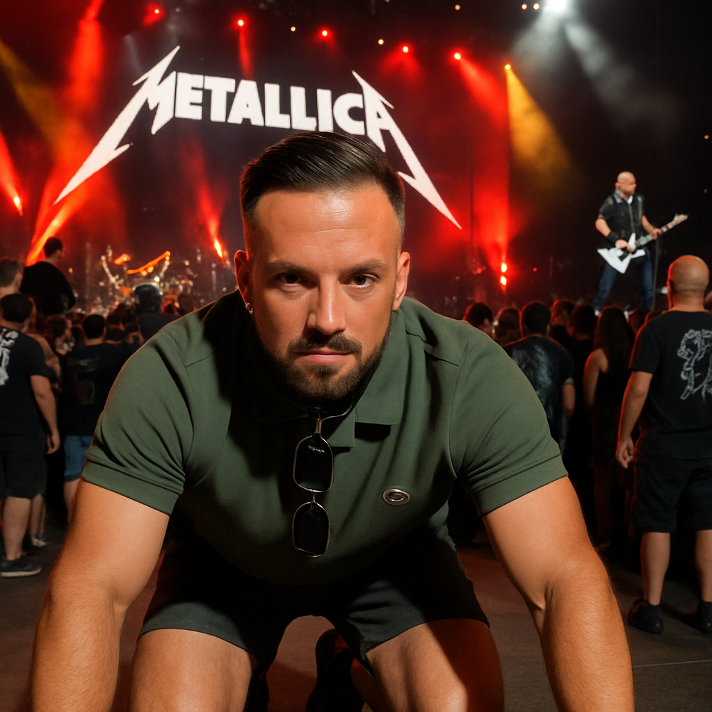 a picture of this man on his hands and knees wearing a collar at a Metallica concert