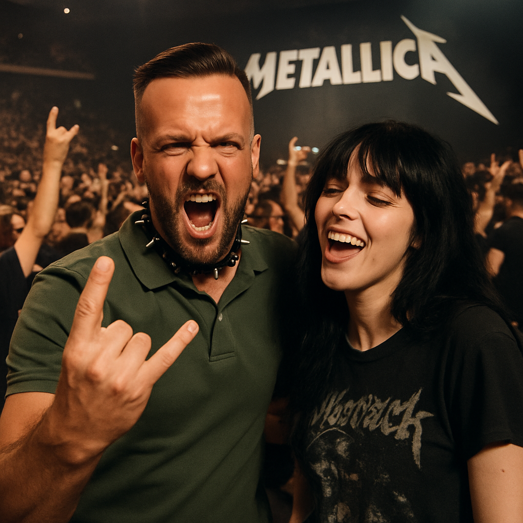 a picture of this man wearing a spiked collar at a Metallica concert pulling the devil hand sign, dancing with an emo woman