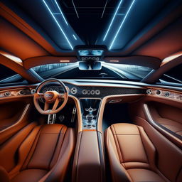 An 8K resolution and 1080HP picture quality interior view of a futuristic Bentley supercar. The image displays a blend of high-end luxury, innovative technology, and extraordinary comfort, epitomizing opulent automotive future.