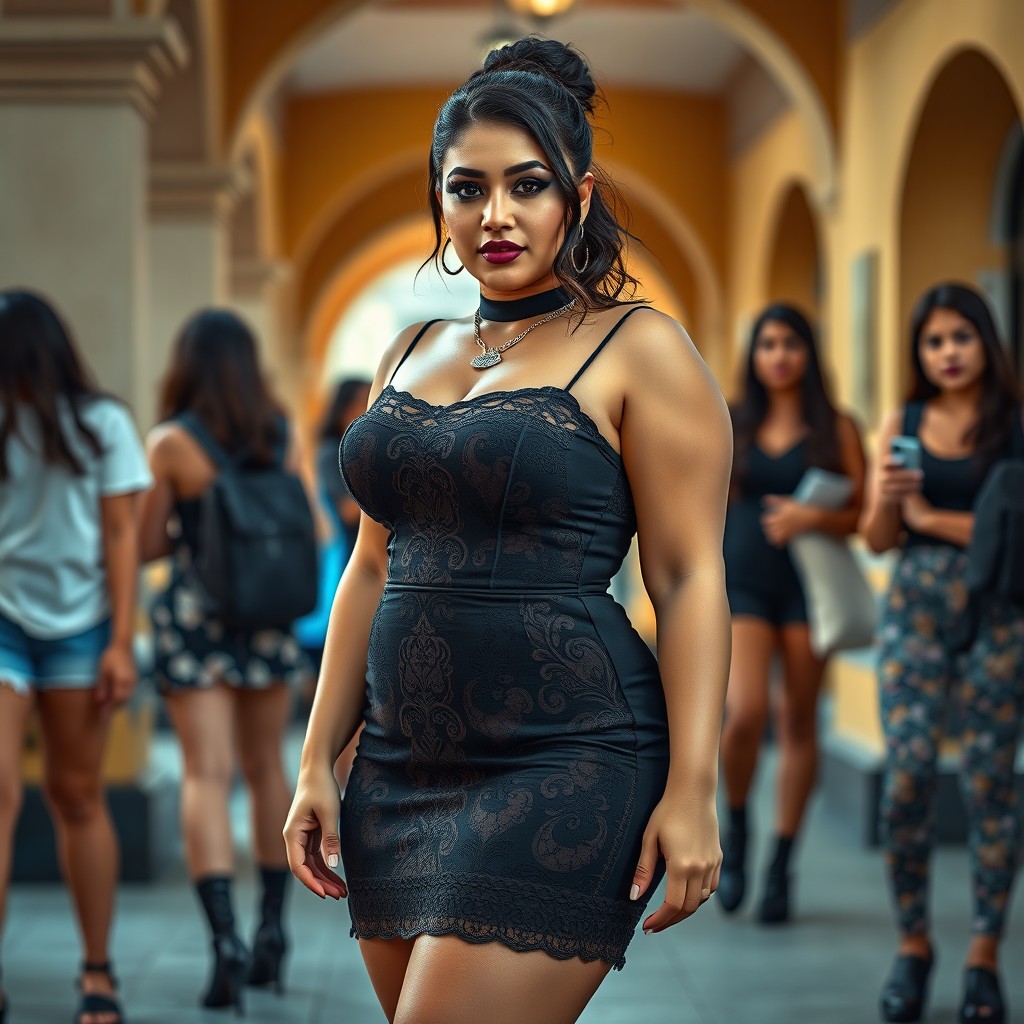 A photorealistic image of a confident Latina college-aged woman, size 14, proudly showcasing her curvy and full-figured body
