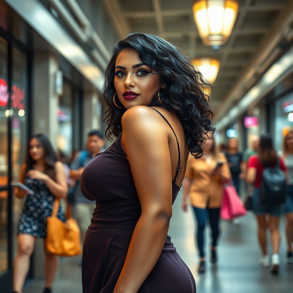 A photorealistic image of a confident Latina college-aged woman, size 14, proudly flaunting her curvy and full-figured body