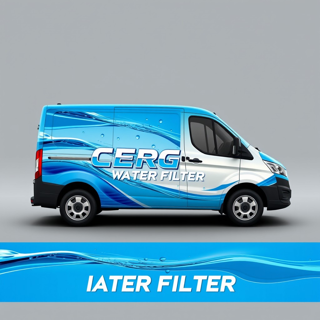 Create a striking graphic for an automotive decal for a company called 'ICEBERG WATER FILTER,' specializing in transforming dirty water into clean water