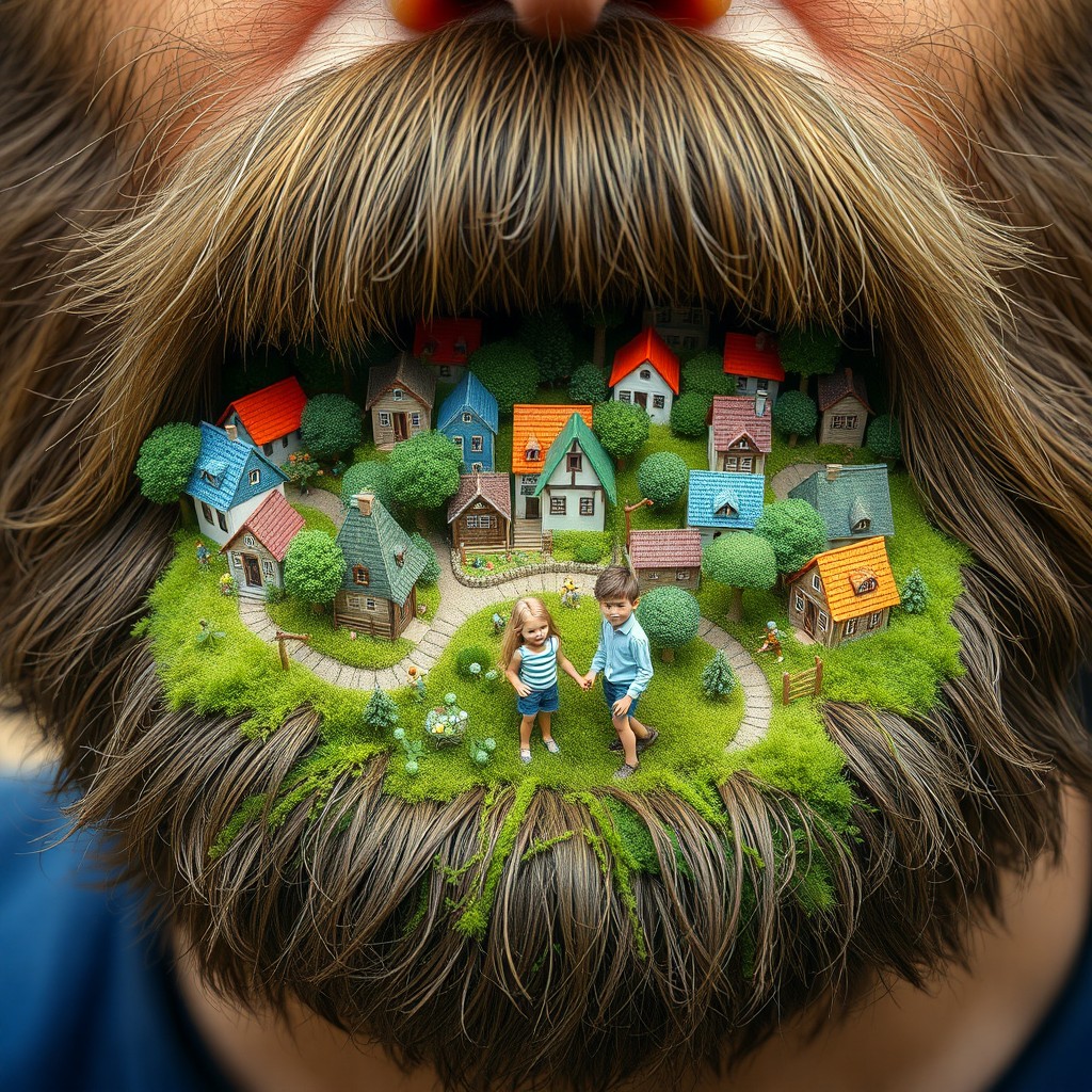 A fantastic microcosm represented by a lush beard, appearing as a miniature country inhabited by tiny people
