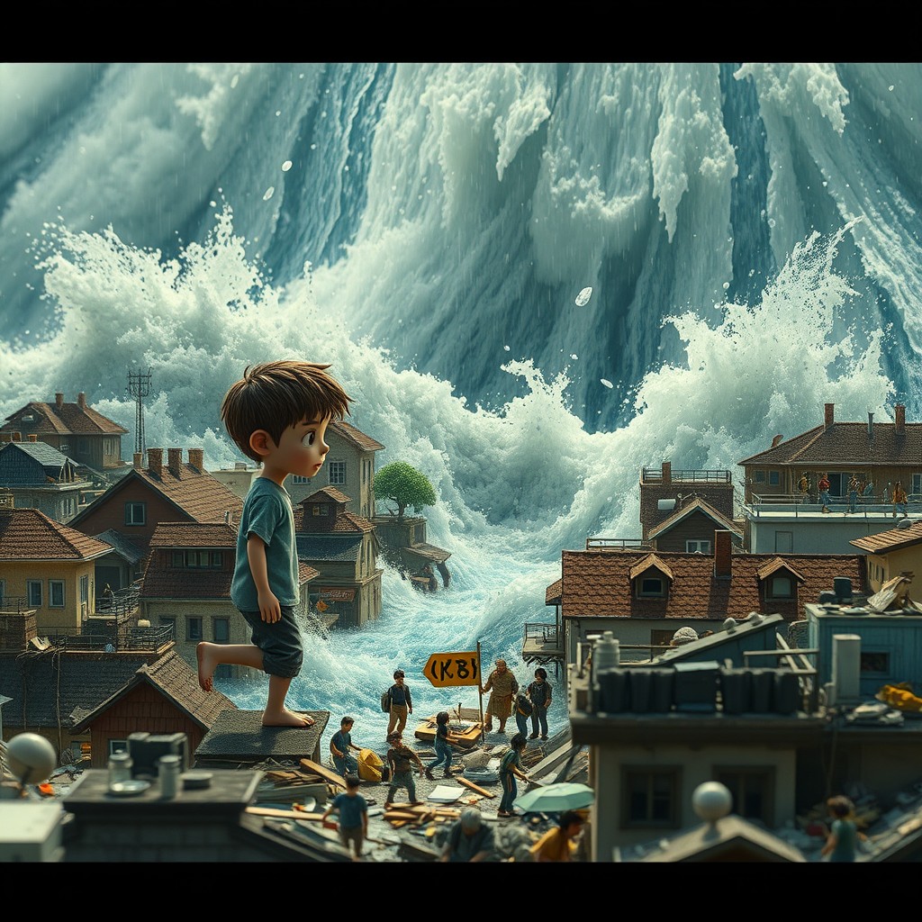 In a dramatic scene, the moment the teenage boy begins to rinse the lush beard, a massive wave of water crashes down on the miniature city, causing chaos among its tiny inhabitants