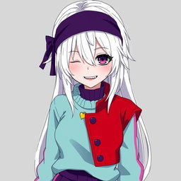 An anime girl with striking white hair styled with a bang that covers her right eye