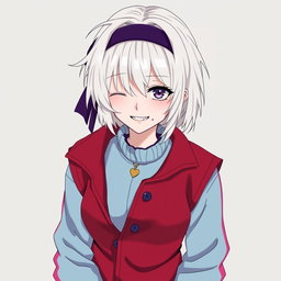 An anime girl with striking white hair styled with a bang that covers her right eye