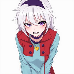An anime girl with striking white hair styled with a bang that covers her right eye