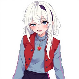 An anime girl with striking white hair styled with a bang that covers her right eye