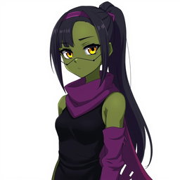 An anime girl with unique olive-greenish skin adorned with fish-like grills that enhance her distinctive look