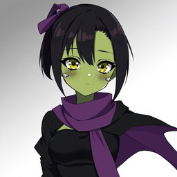 An anime girl with unique olive-greenish skin adorned with fish-like grills that enhance her distinctive look