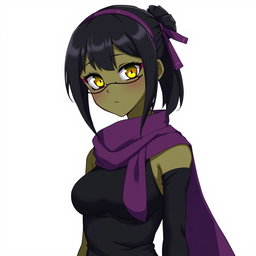 An anime girl with unique olive-greenish skin adorned with fish-like grills that enhance her distinctive look
