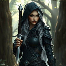A high elf rogue woman, with striking features including elegantly pointed ears, luminous green eyes, and long, flowing silver hair