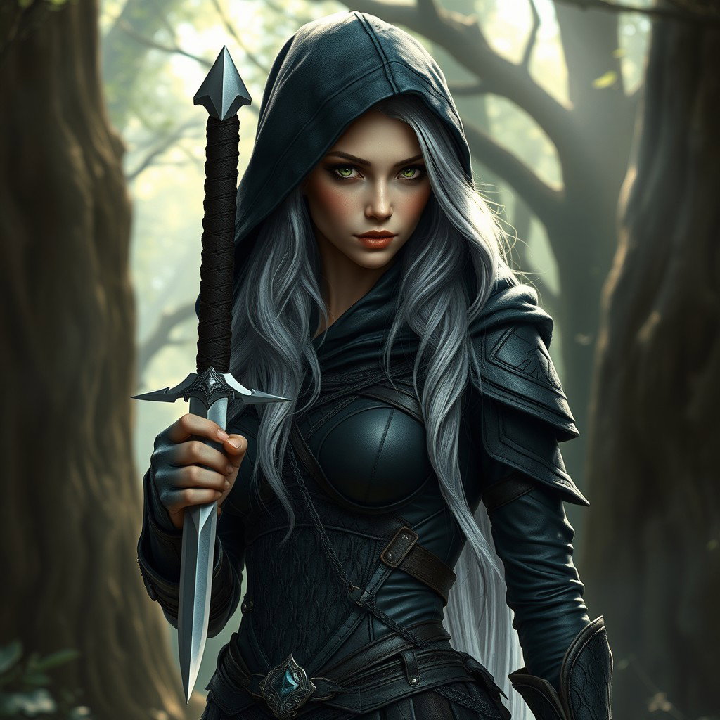 A high elf rogue woman, with striking features including elegantly pointed ears, luminous green eyes, and long, flowing silver hair