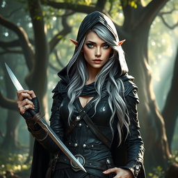 A high elf rogue woman, with striking features including elegantly pointed ears, luminous green eyes, and long, flowing silver hair