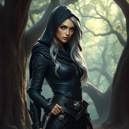 A high elf rogue woman, with striking features including elegantly pointed ears, luminous green eyes, and long, flowing silver hair