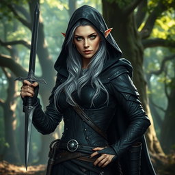 A high elf rogue woman, with striking features including elegantly pointed ears, luminous green eyes, and long, flowing silver hair