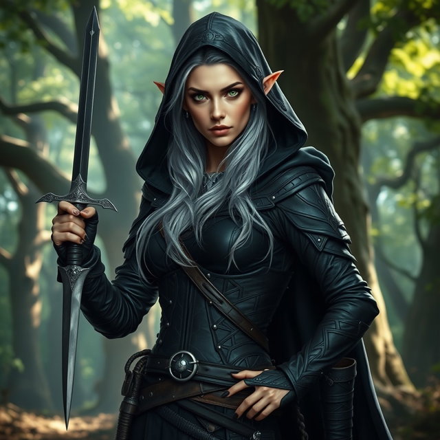 A high elf rogue woman, with striking features including elegantly pointed ears, luminous green eyes, and long, flowing silver hair