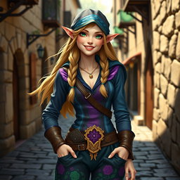 A high elf female thief with a charming smile, showcasing her enchanting features including delicate pointed ears, vibrant emerald green eyes, and flowing golden hair that cascades down her shoulders