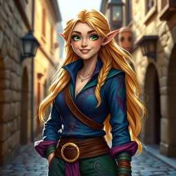 A high elf female thief with a charming smile, showcasing her enchanting features including delicate pointed ears, vibrant emerald green eyes, and flowing golden hair that cascades down her shoulders