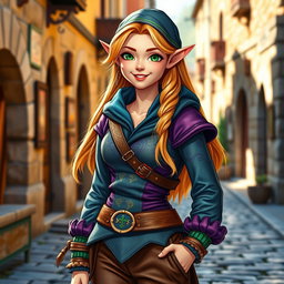 A high elf female thief with a charming smile, showcasing her enchanting features including delicate pointed ears, vibrant emerald green eyes, and flowing golden hair that cascades down her shoulders