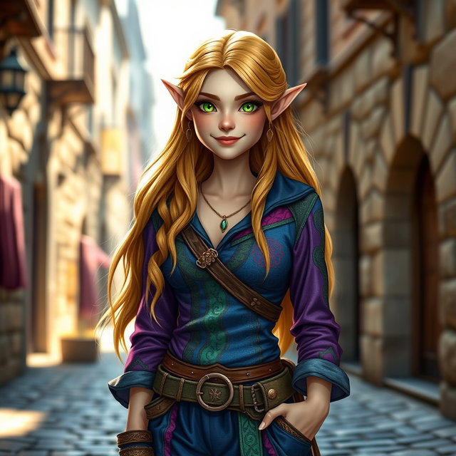 A high elf female thief with a charming smile, showcasing her enchanting features including delicate pointed ears, vibrant emerald green eyes, and flowing golden hair that cascades down her shoulders