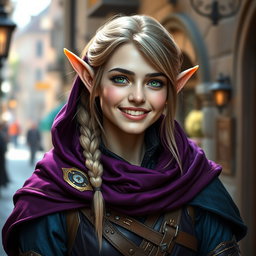 A high elf female thief with a radiant smile, showcasing her ethereal beauty characterized by delicately pointed ears and sparkling green eyes