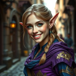 A high elf female thief with a radiant smile, showcasing her ethereal beauty characterized by delicately pointed ears and sparkling green eyes