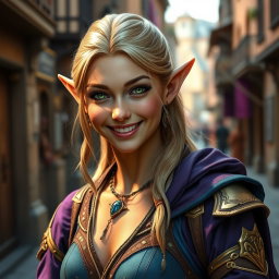 A high elf female thief with a radiant smile, showcasing her ethereal beauty characterized by delicately pointed ears and sparkling green eyes