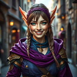 A high elf female thief with a radiant smile, showcasing her ethereal beauty characterized by delicately pointed ears and sparkling green eyes
