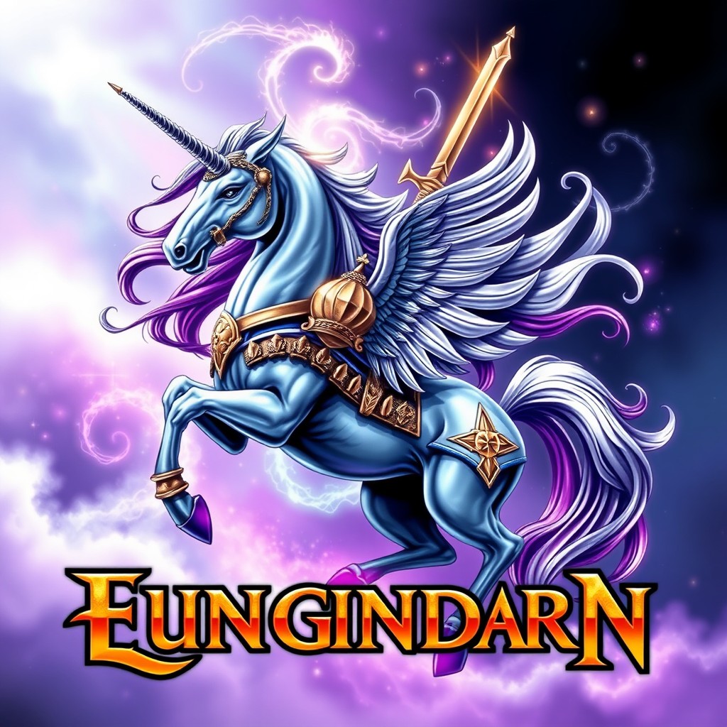 A striking band logo featuring a majestic unicorn paladin, adorned with shining armor and intricate details