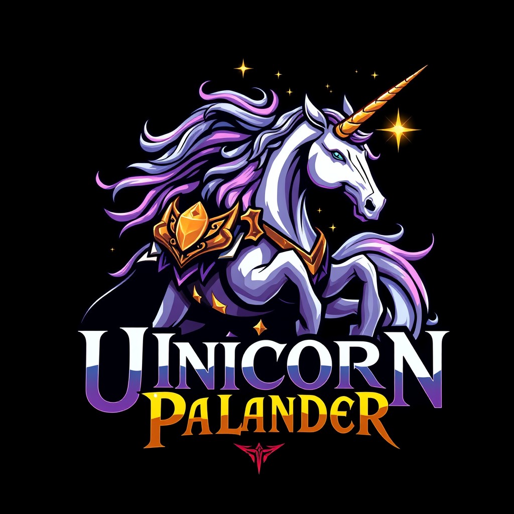 A bold and striking band logo design featuring a powerful unicorn paladin