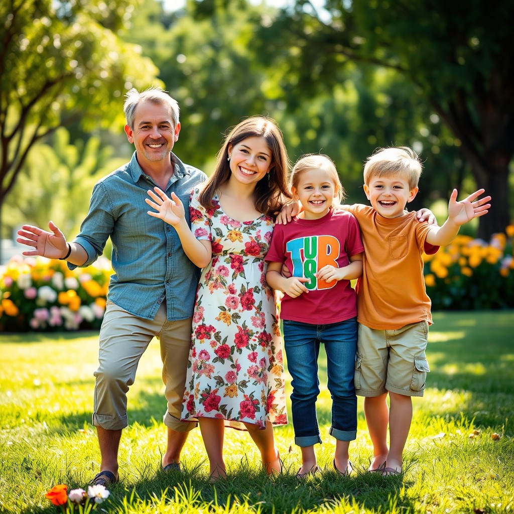 A whimsical family portrait featuring a cheerful family of four