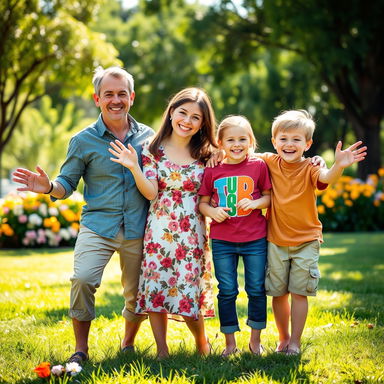 A whimsical family portrait featuring a cheerful family of four