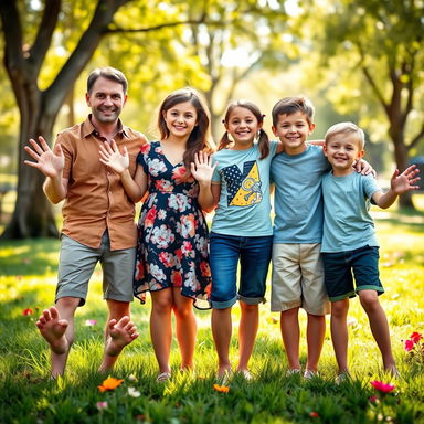 A whimsical family portrait featuring a cheerful family of four