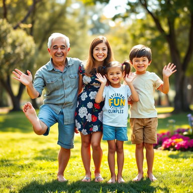 A whimsical family portrait featuring a cheerful family of four
