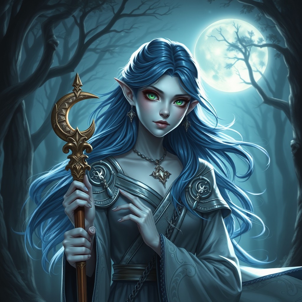 A female moon elf cleric with captivating blue-grey skin and flowing dark blue hair that shimmers in the moonlight