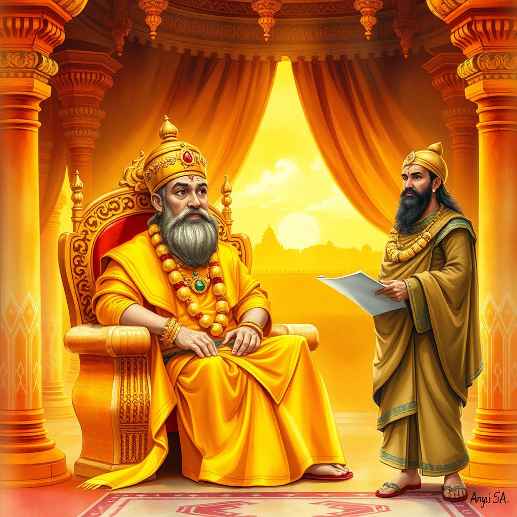 Blind King Dhritarashtra sitting gracefully on a royal throne inside a grand Indian palace, dressed in opulent golden royal robes and a majestic crown
