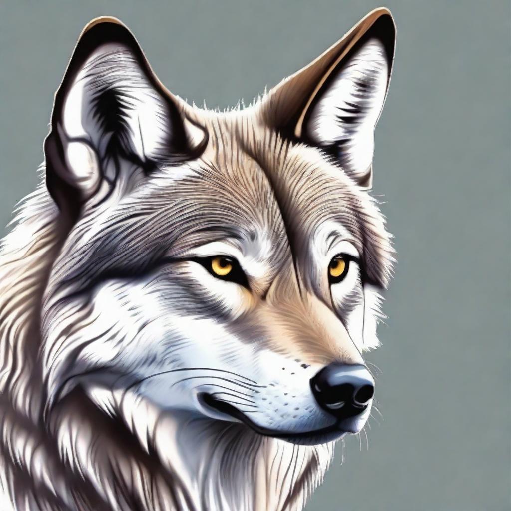 Illustrate a realistic, majestic wolf in its natural habitat with piercing eyes and smooth, grey fur