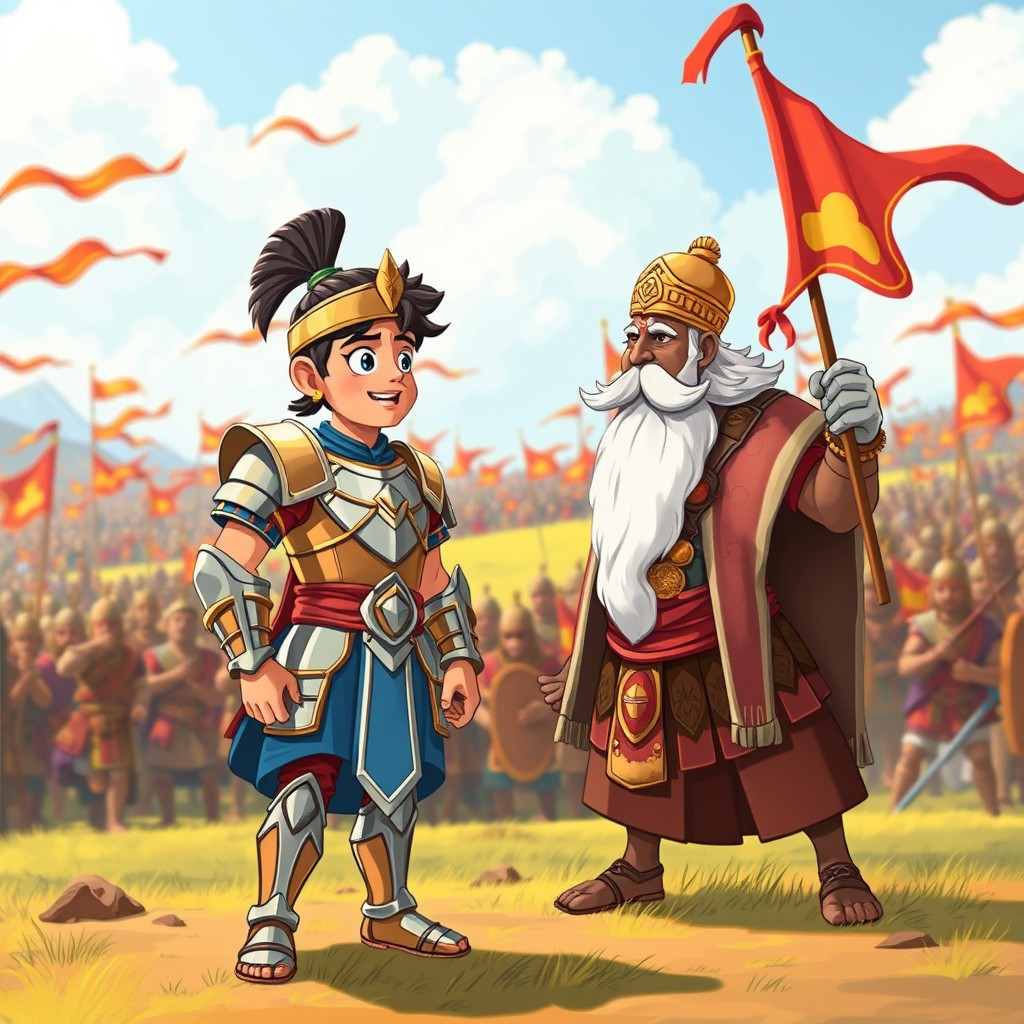 A vibrant cartoon-style illustration of Duryodhana, a proud young warrior dressed in shining armor, engaged in conversation with his teacher Dronacharya on a lively battlefield