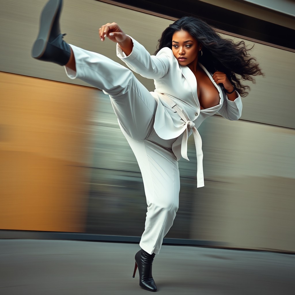 A curvy black woman in a stylish white business pant suit, wearing sleek black stiletto boots, executing a powerful karate kick aimed at the groin of a male attacker