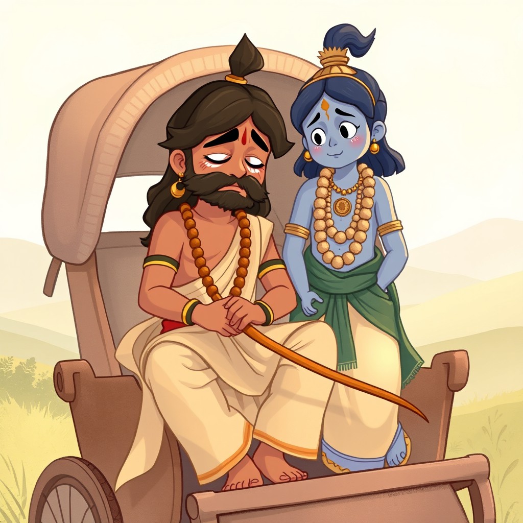 Arjuna sitting down on his chariot, visibly distressed, dropping his bow, with his eyes filled with tears